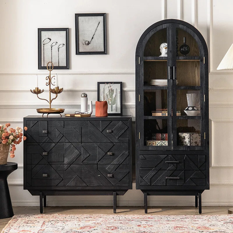 

Black new Italian side cabinet, tempered glass large storage high cabinet wine cabinet, creative B & B hotel storage cabinet