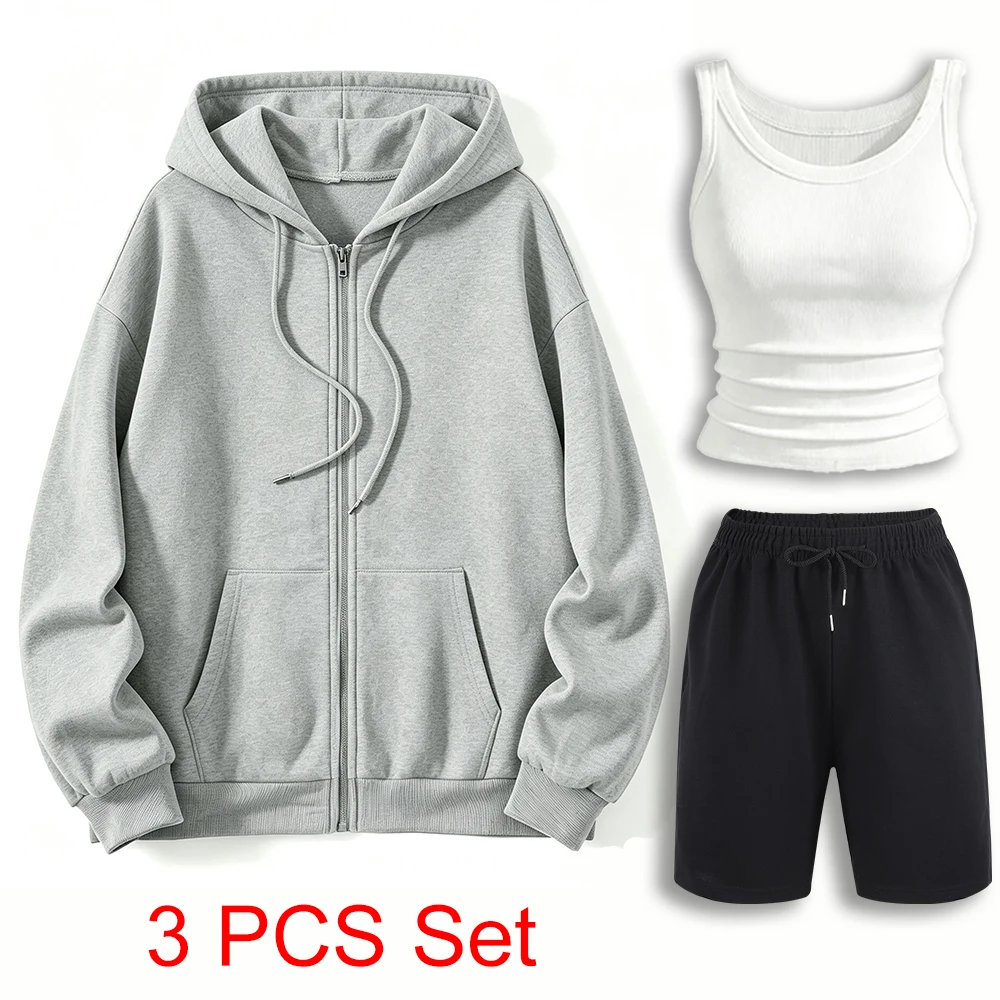 Female Pocket Zip-Up Hoodies 3Pcs Suit Thread Comfortable Gym Vest Sport Drawstring Short Pants Fashion Street Casual Sportswear