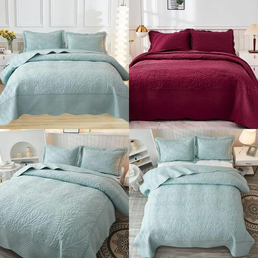 

Cotton Quilt Set - 3-Piece Embroidered Farmhouse Bedspread and Shams, All-Season Breathable Queen Bedding in Aruba Blue