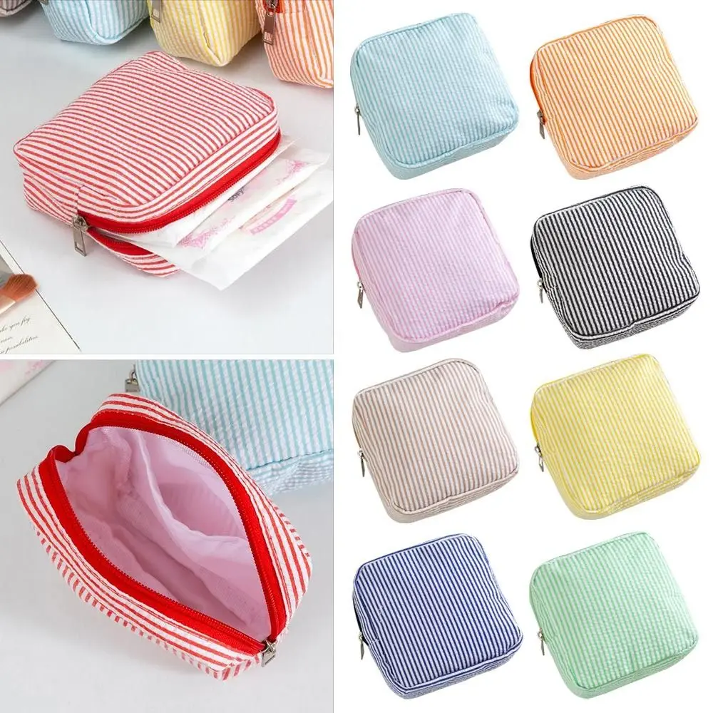 Essential Holder Seersucker Sanitary Napkin Pouch Striped Pattern Multi-functional Mini Makeup Bag Lipstick Holder Travel