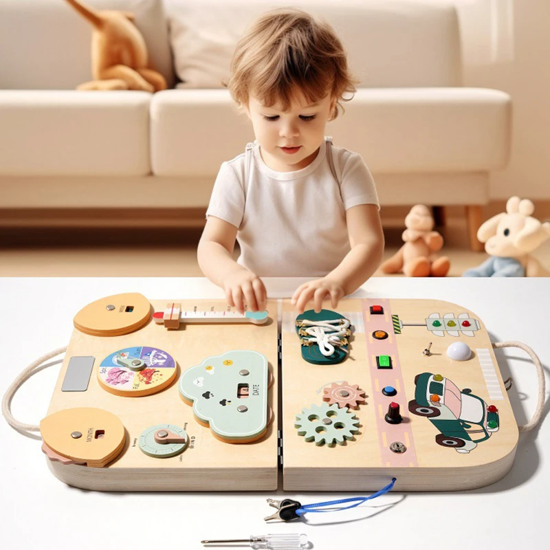 Toddlers Montessori Toys Sensory Busy Board with LED Light Switch  Activity Manipulation Board Kids Parish Skill Education Games