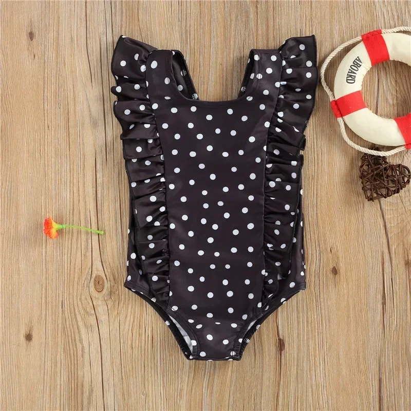 Kids Girls Bodysuit Swimsuit Summer Fashionable Black White Wave Point Sleeveless Swimwear For Girls