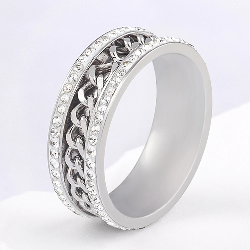 TYO High Quality Punk Chain Design Round Stainless Steel Rings Crystal Cubic Zircon Beauty Jewelry Wholesale Dropshipping