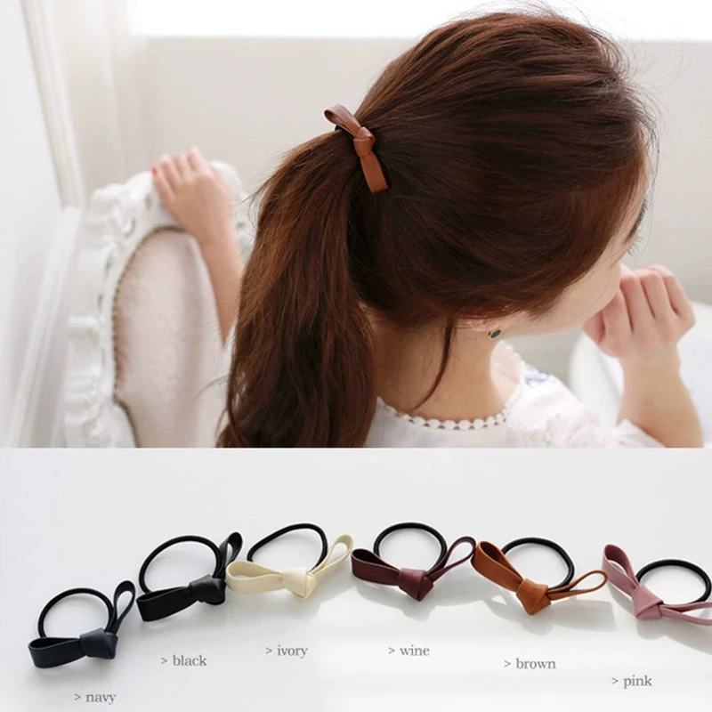 Simple Bow Elastic Hair Bands Girls Hand-knotted Leather Bow Ponytail Holders Headband Hair Ropes Headwear Hair Accessories