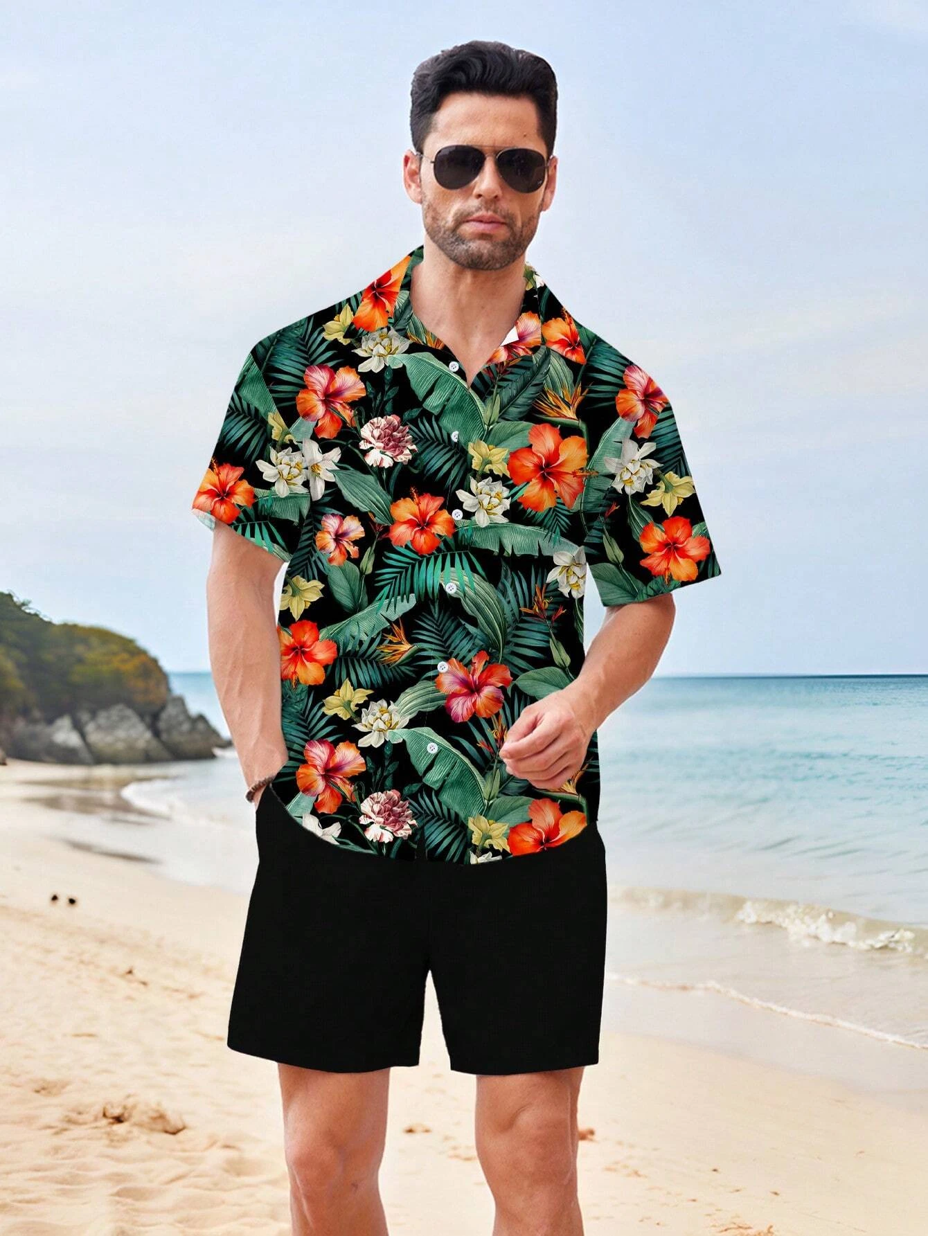 

Hawaiian Style Fresh Flower Print Men's Short-sleeved Fashion Shirt Summer Outdoor Leisure Vacation Fashion Men's Shirt