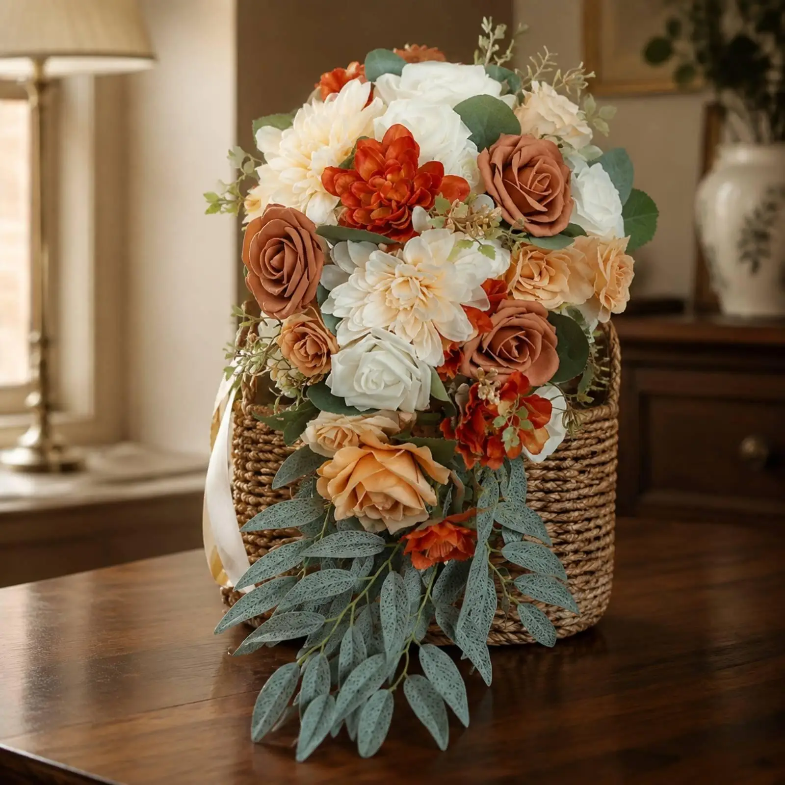 Artificial Bridal Arm Bouquet Silk Rose Coneflower Design with Ribbon Trail for Wedding Photography Engagement Party Decor