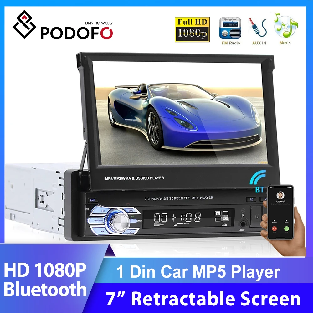 

Podofo 1 Din Car Radio 7" HD Retractable Screen Media MP5 Player In-Dash Bluetooth Autoradio FM Stereo Support Rear View Camera