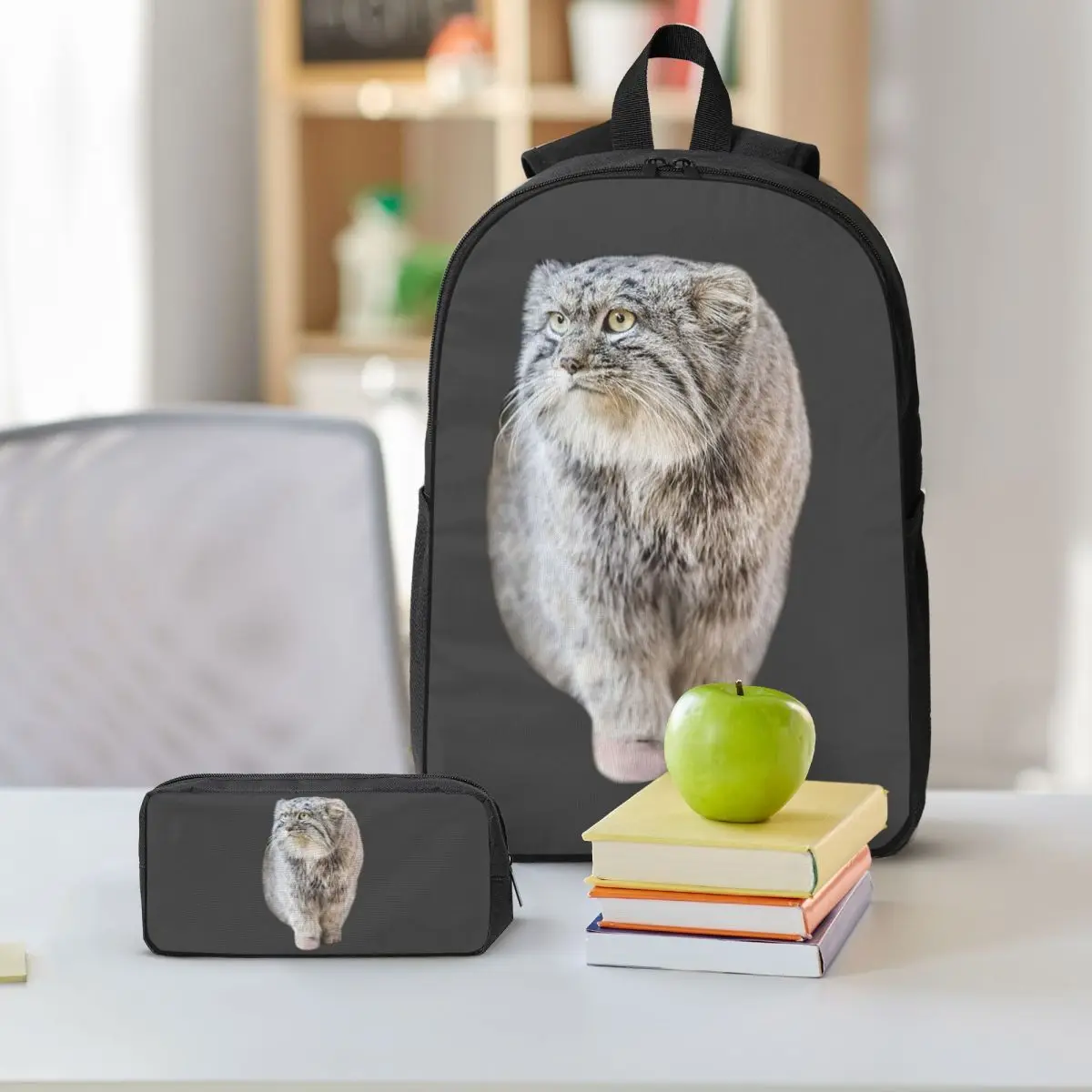 Round Pallas Cat Backpack Student BookBag School Bag Shoulder Bags 3ps Insulated Lunch Bag Pencil Case