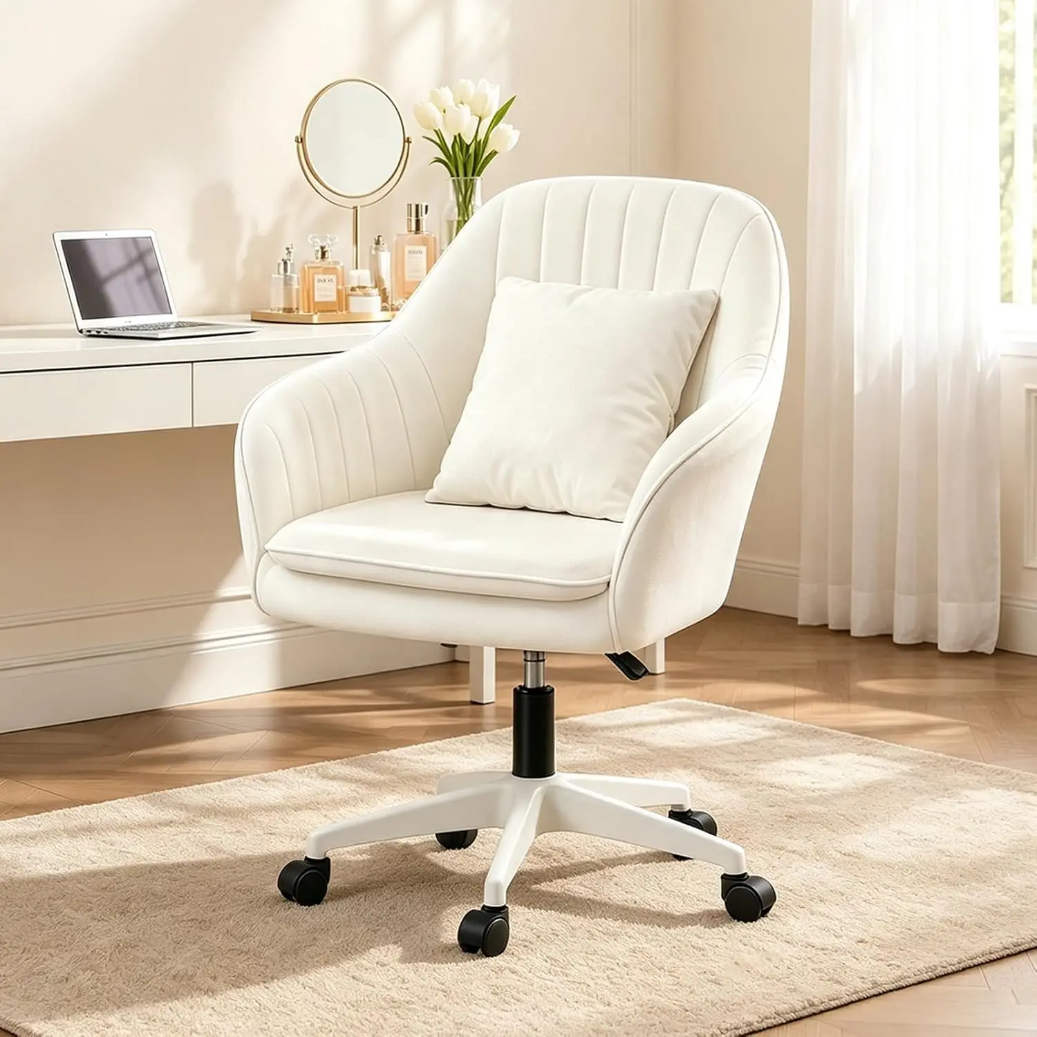 Velvet Desk Chair with Pillow Upholstered Vanity Chair for Girls Women, Home Office Computer Task Chair with Wheels Swivel