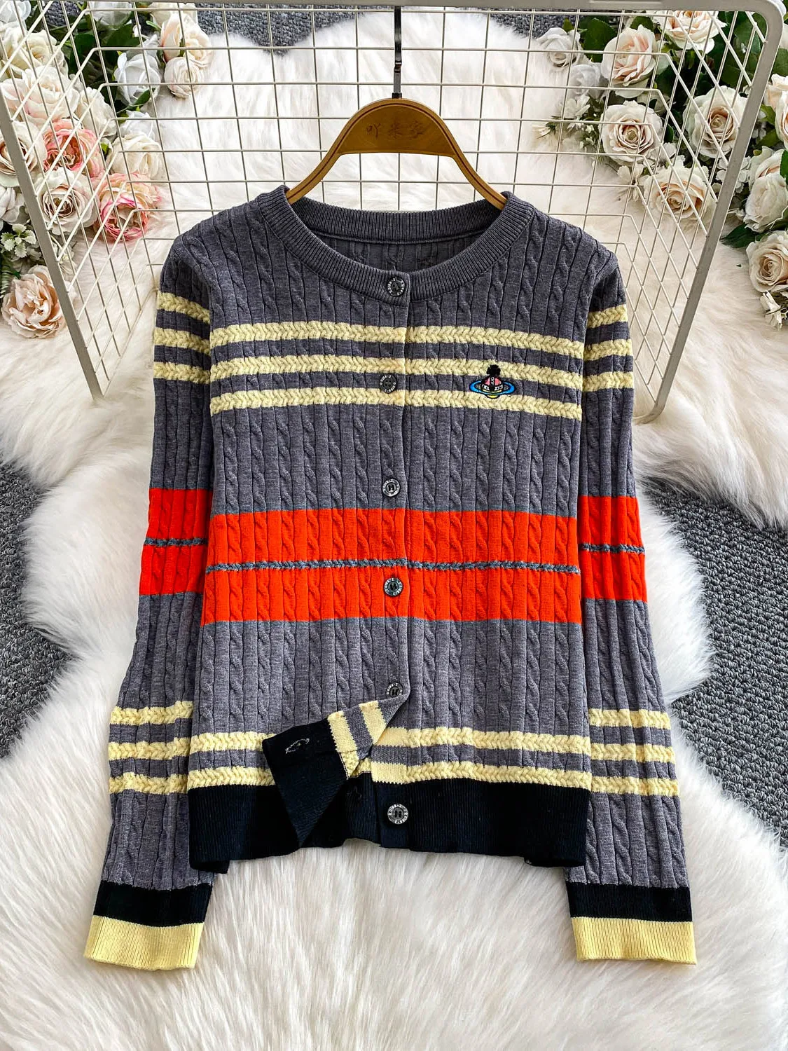 

Ele round Ne Knitted Sweater Women's Loose Casual Stripe Pattern Earth Globe Embroidery Autumn Winter Outerwear
