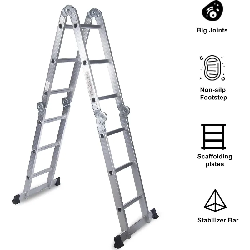 Escalera plegable 7 en 1 con extensión de aluminio multiusos de 330 lb y 12,5 pies, escalera de andamio ligera y plegable