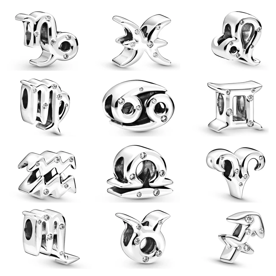 Hot Sale Sparkling 12 Star Sign Charm Fit Original Pan 925 Sterling Silver Bracelet Bangle Bead DIY Jewelry Women Gift Accessory