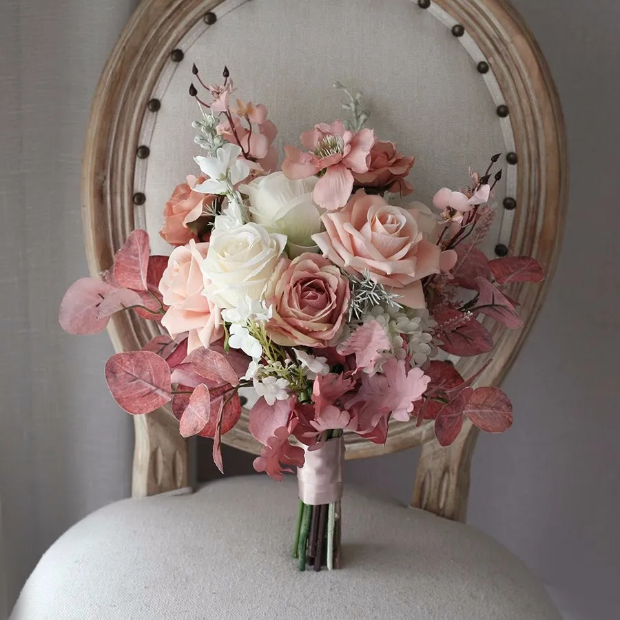 

PEORCHID Vintage Morandi Coffee Pink Bride Bouquet Flowers Bruidsboeket Wedding Party Graduation Bouquets Ramo De Boda De Novia