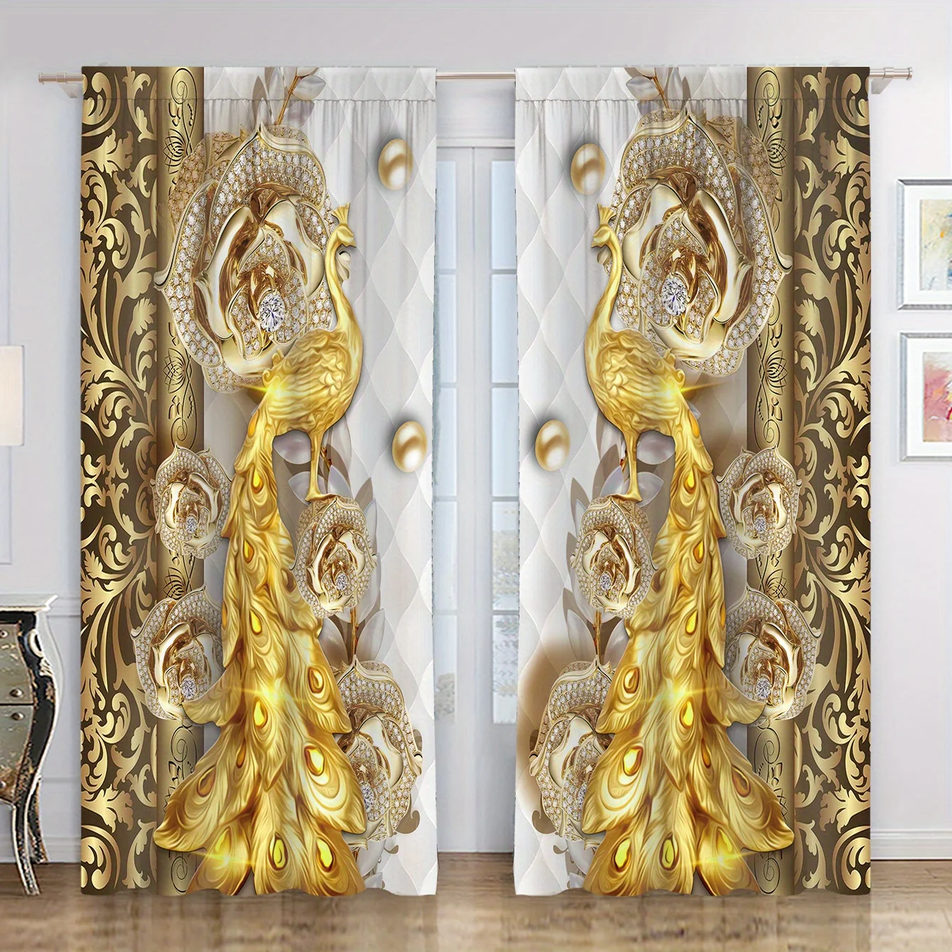 2pcs Elegant Golden Flower Pattern Curtain for Home Decor Window Treatment for Bedroom, Office, Kitchen, Living Room, and Study