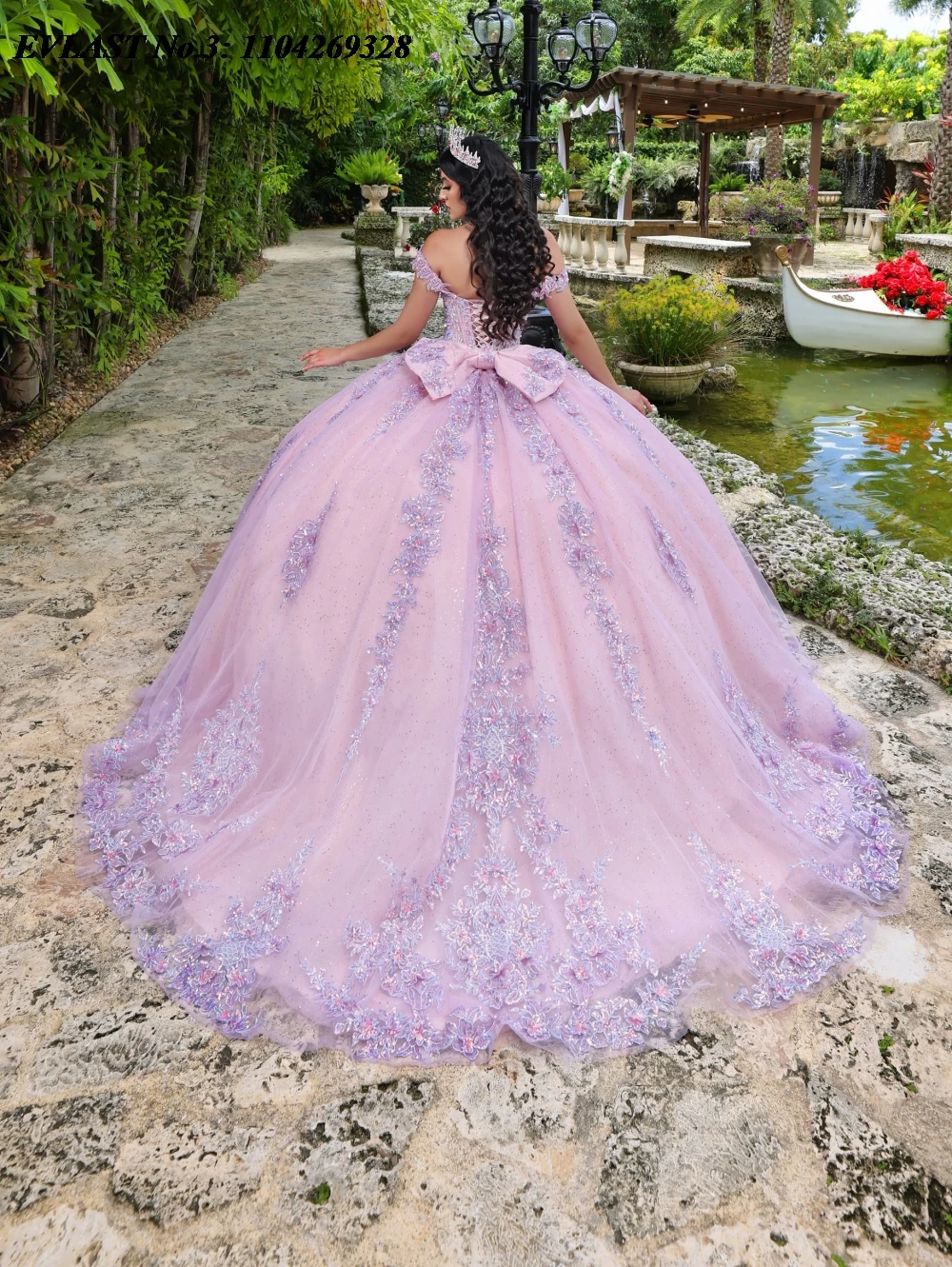 EVLAST ที่กําหนดเอง Glitter สีชมพู Quinceanera Ball Gown ลูกไม้ Applique ประดับด้วยลูกปัดโบว์รัดตัวหวาน 16 Vestido De 15 Anos E3Q468