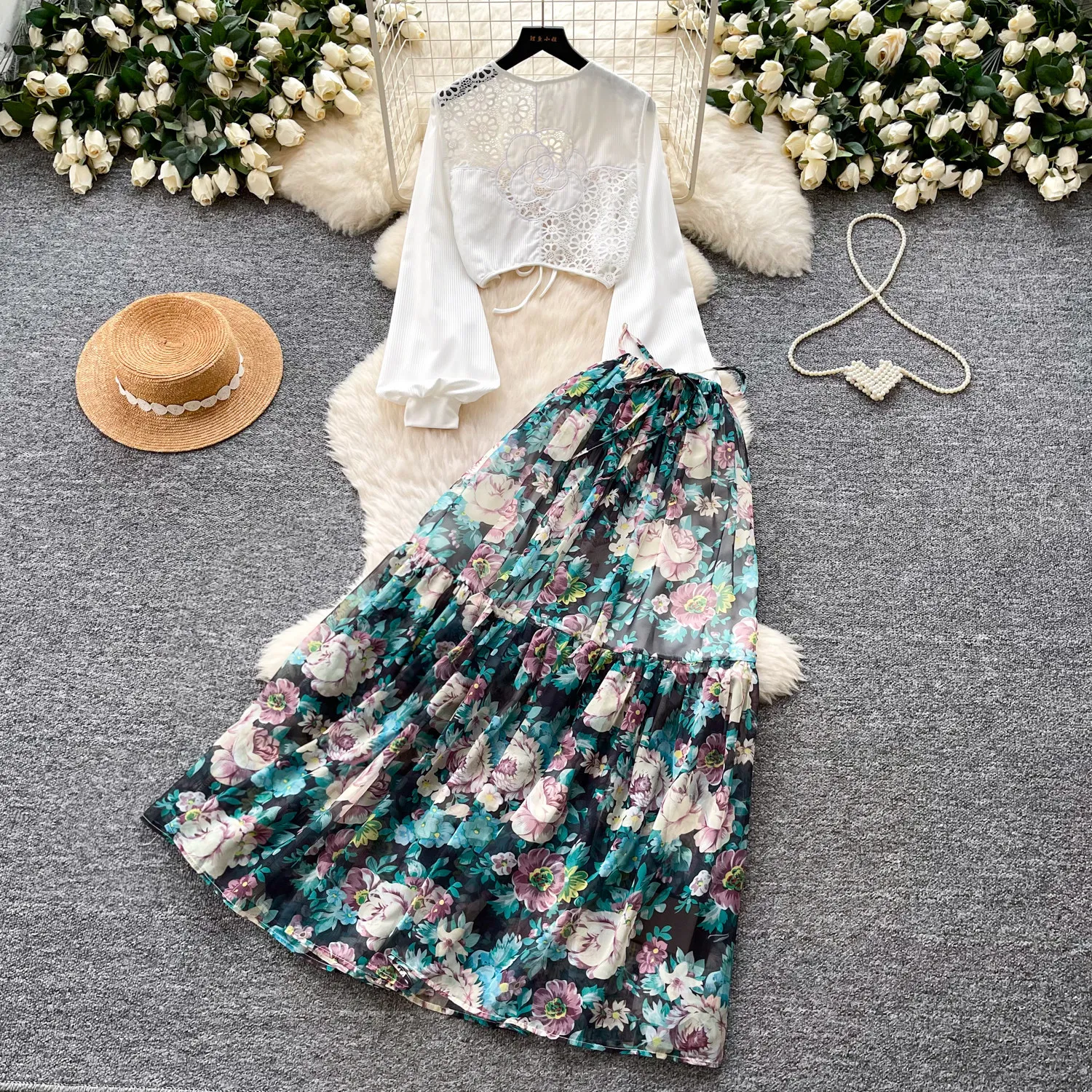 

Two Piece Sets Women Skirt Set Round Neck Full Sleeve Tops Long Skirts A Line High Waist Y2k Streetwear Elegant Work Print 2026