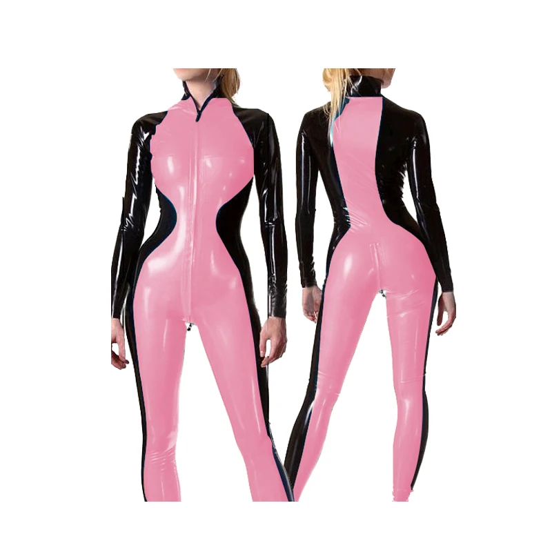 

Everyday wear Latex Women Pink and Black All-inclusive sexy tight Catsuit 0.4mm Rubber Size S-XXL