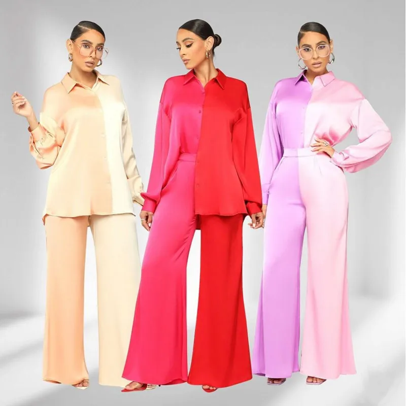 

Fashion Patchwork Shirts 2 Piece Pants Sets Women Loose Long Sleeve Blouses Pant Set Tracksuits Female Two Piece Trousers Suits