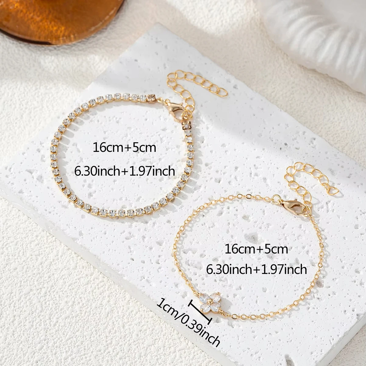 2pcs Simple Cubic Zirconia Flower Water Chain Women's Bracelet Set Daily Minimalist Silver Color Bracelet Party Fashion Jewelry image 3
