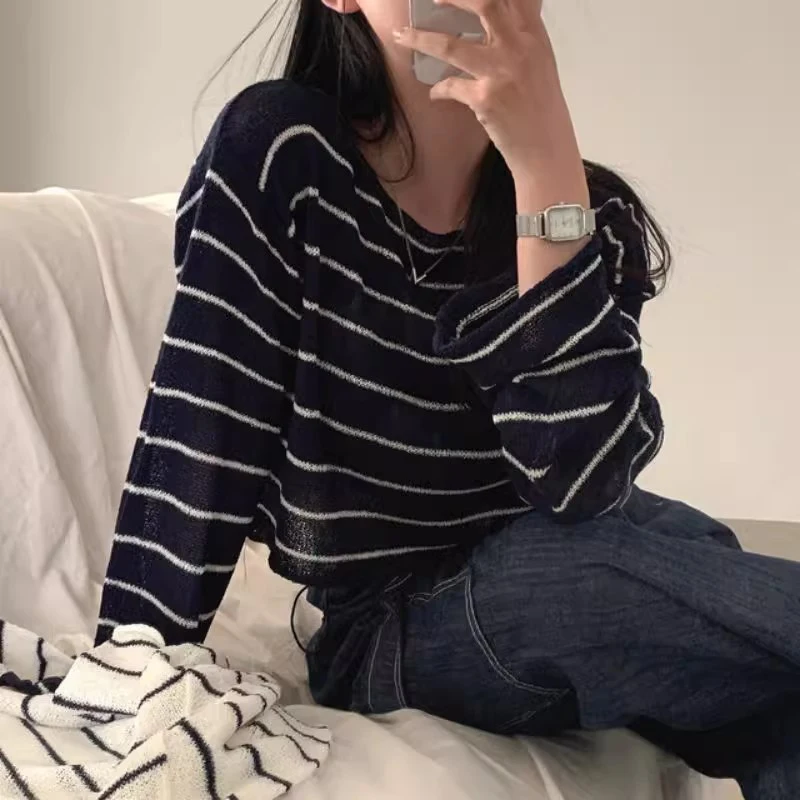 

Loose Thin Ice Silk Knitted Sweater with Cuffed Sve One oulder Striped Pattern for Women Summer New Sle Commute Sle