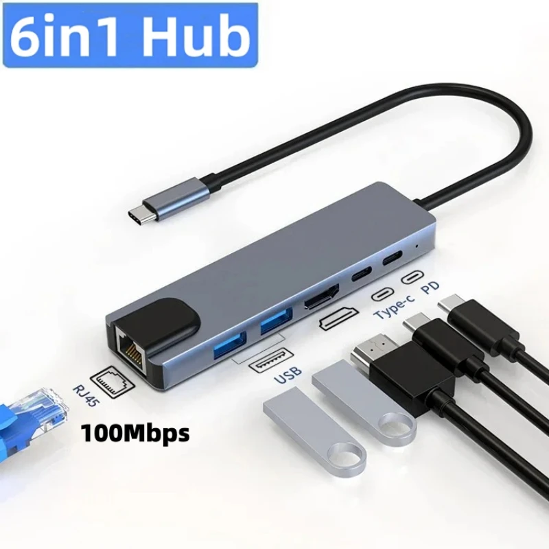 

6In1 USB C Hub Laptop Thunderbolt3 Docking Station Type-C to 4K HD Display USB Splitter with PD Charging RJ45 100Mbps Ethernet