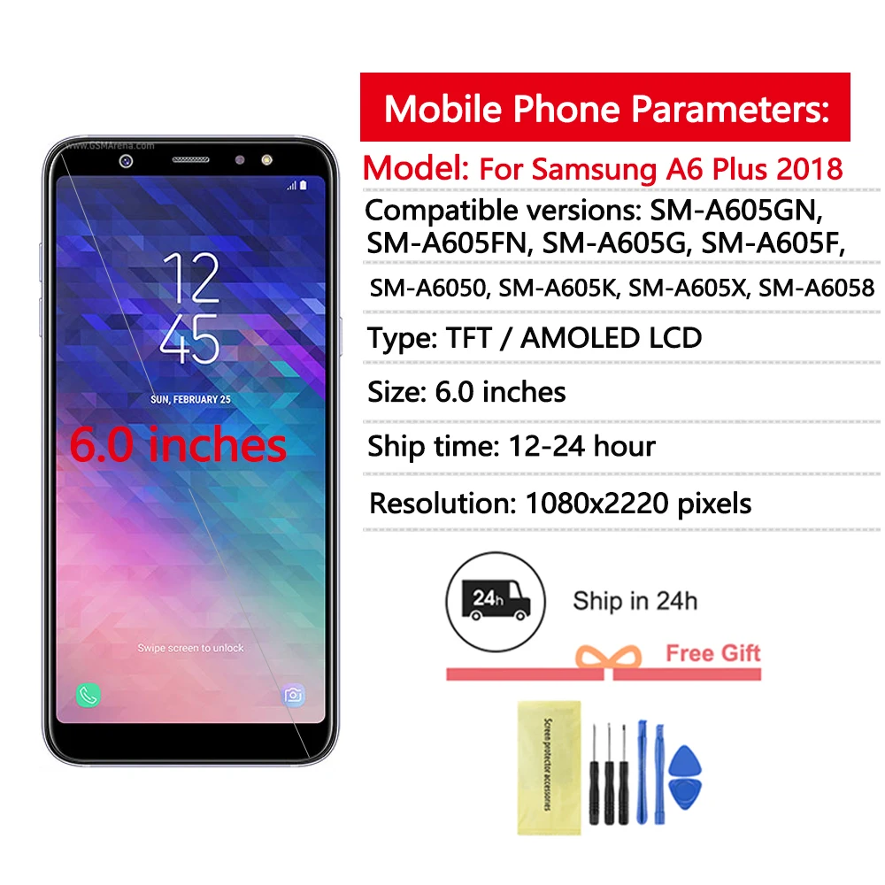 6.0 "AMOLED Display สำหรับ Samsung Galaxy A6 PLUS 2018จอแสดงผล LCD หน้าจอสัมผัสประกอบ Digitizer สำหรับ Samsung A6 + หน้าจอ LCD