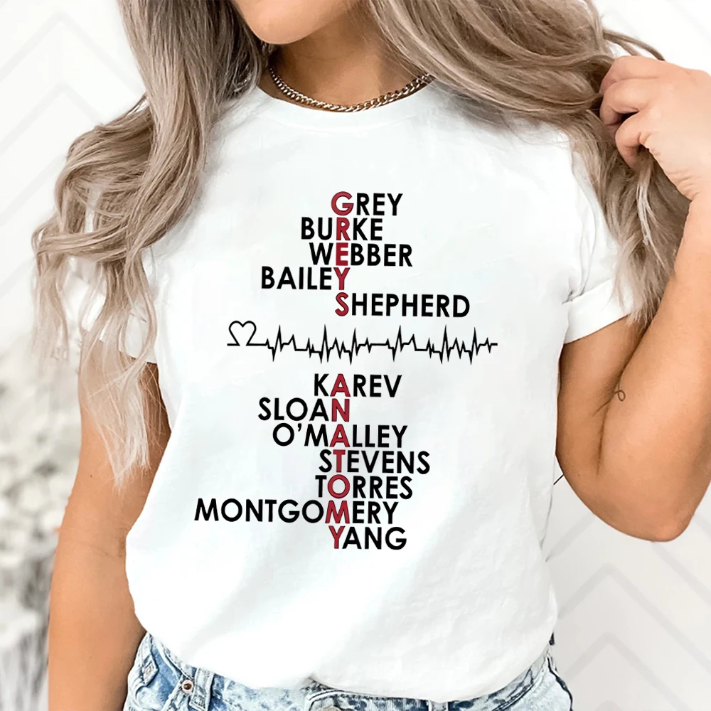 Camiseta Grey's Anatomy Cast Crew Cinza Yang Karev Stevens O'Malley Camisa Ash's Anatomy Camisas Enfermeira Camiseta Unissex Mangas Curtas Top