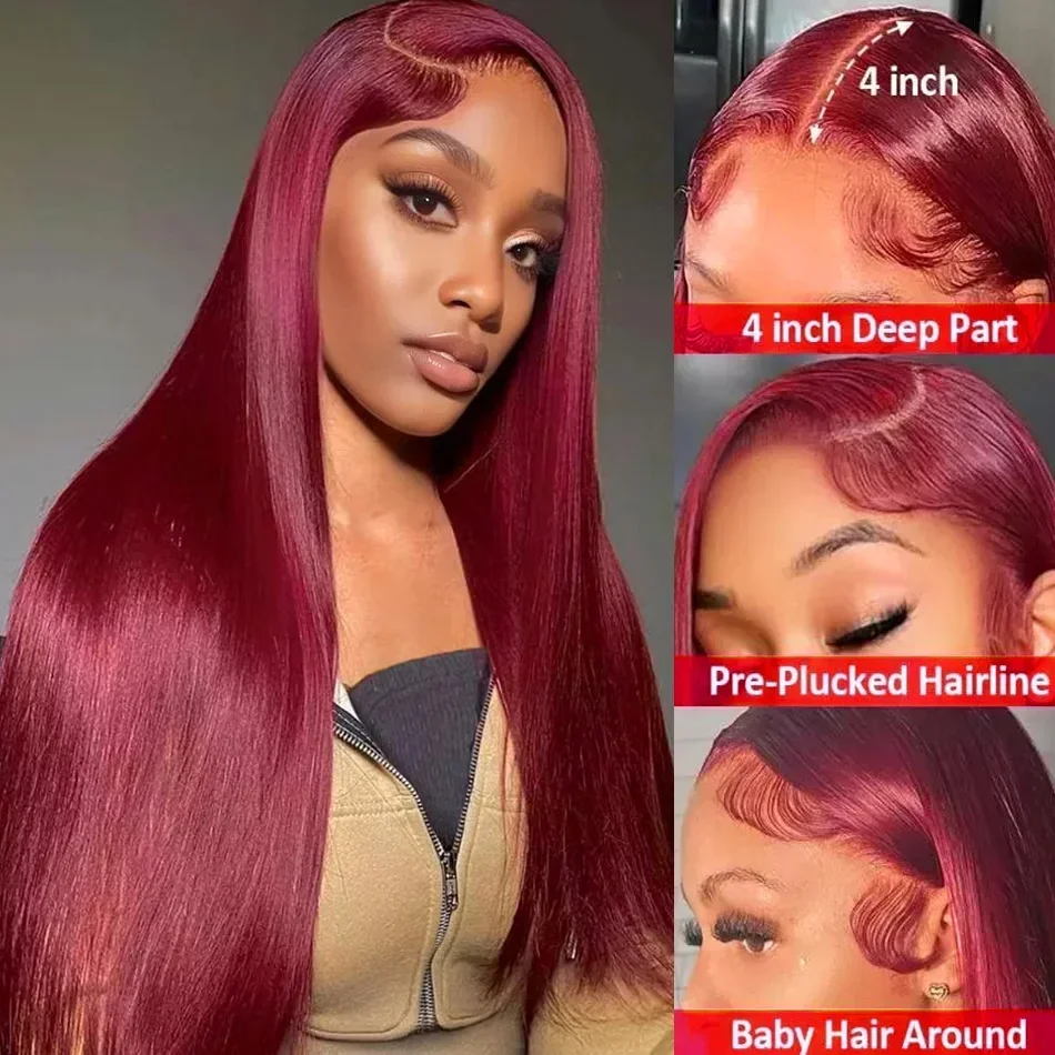 Burgundy Red 13x6 HD Lace Frontal Human Hair Wigs 99J Colored Straight 13x4 Lace Front Remy Wig For Women 30 34 36 Inch