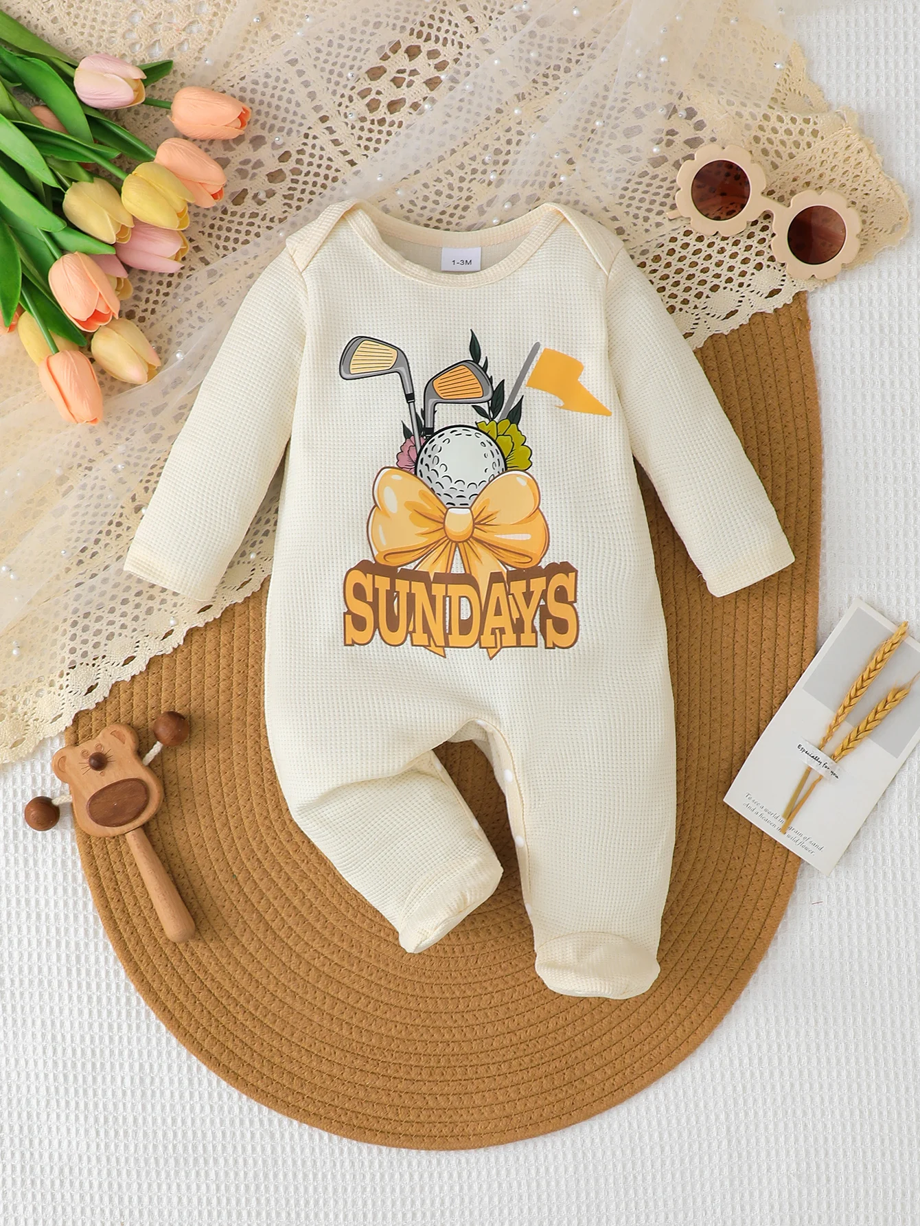 Langarm-Golf-Strampler für Kleinkinder – niedliches Häschen- und Golfelemente-Design, bequemer Overall für Babys