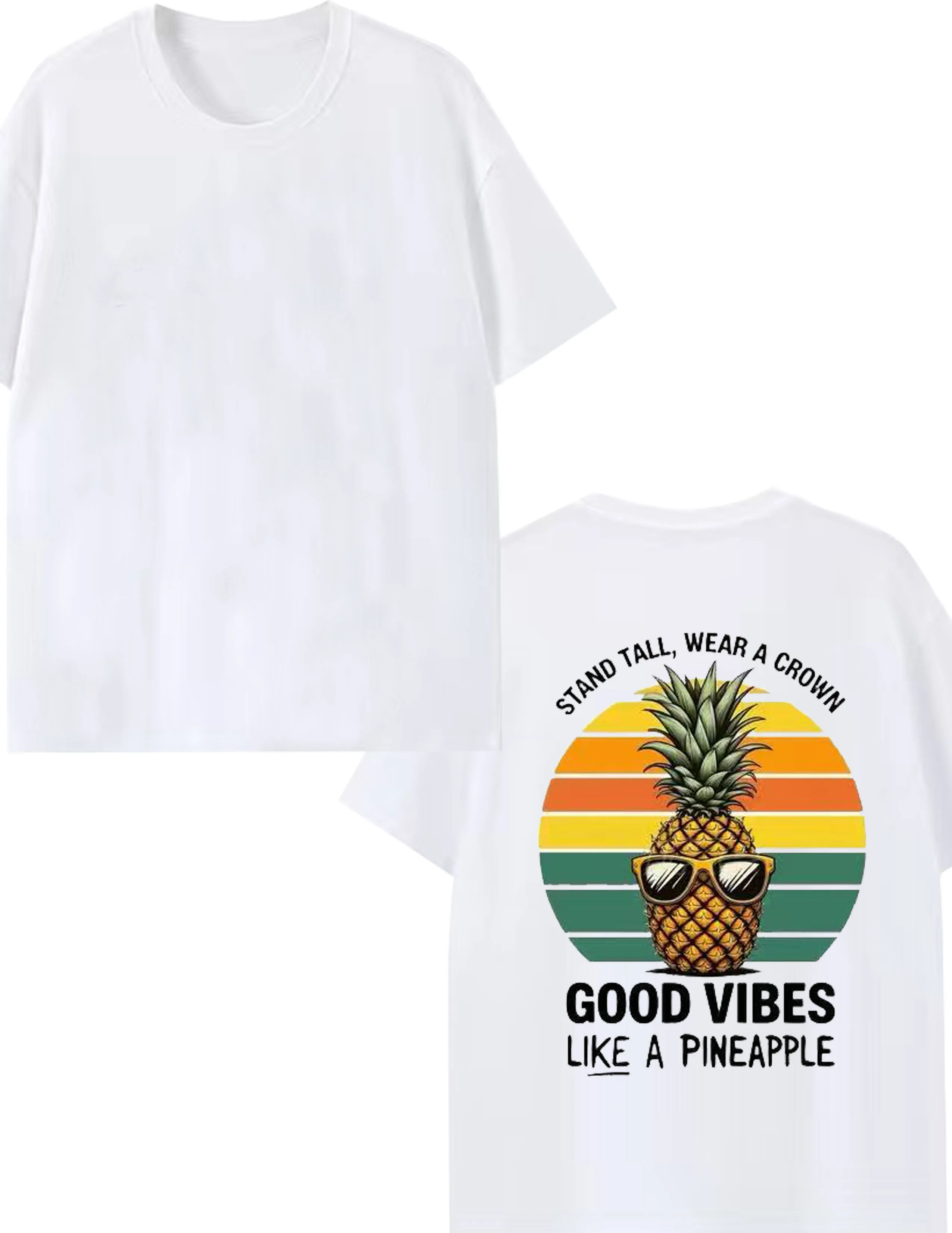 

Прямая и носить корону с розовым шрифтом и солнцезащитными очками. Повседневный хлопковый топ с короткими рукавами и принтом ананаса сзади.