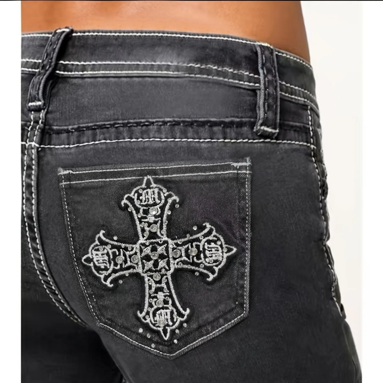 Women's Jeans Black And Gray Cross Embroidered Micro-pull Pants Women's, Bright Line Slim-fitting Denim Trousers Spot Wholesale