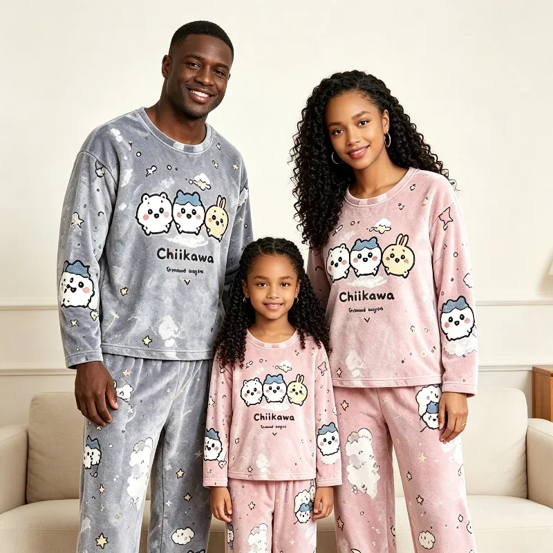 Family Outfit Chiikawa Coral Fleece Pajamas Set for Whole Family Sleepwear Soft Warm Winter Home Wear Parent-child Loungewear