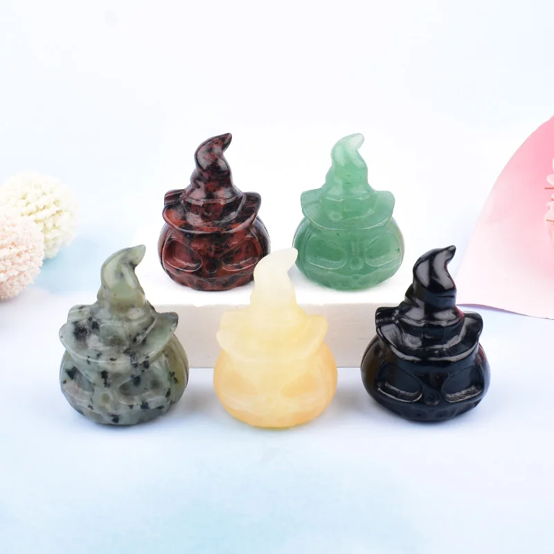 1PC Natural Crystal Stone Pumpkin Demon Cartoon Mineral Ornaments Carved Healing Reiki Holiday decorations Home Decoration Gift