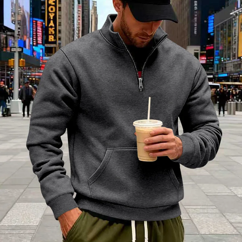 Grenzübergreifender Herbst- und Winter-Samt-Pullover für Herren, locker geschnitten, im Retro-Stil, lässig, mit Stehkragen, halbem Reißverschluss und Taschen für Pendler. – Detail 37