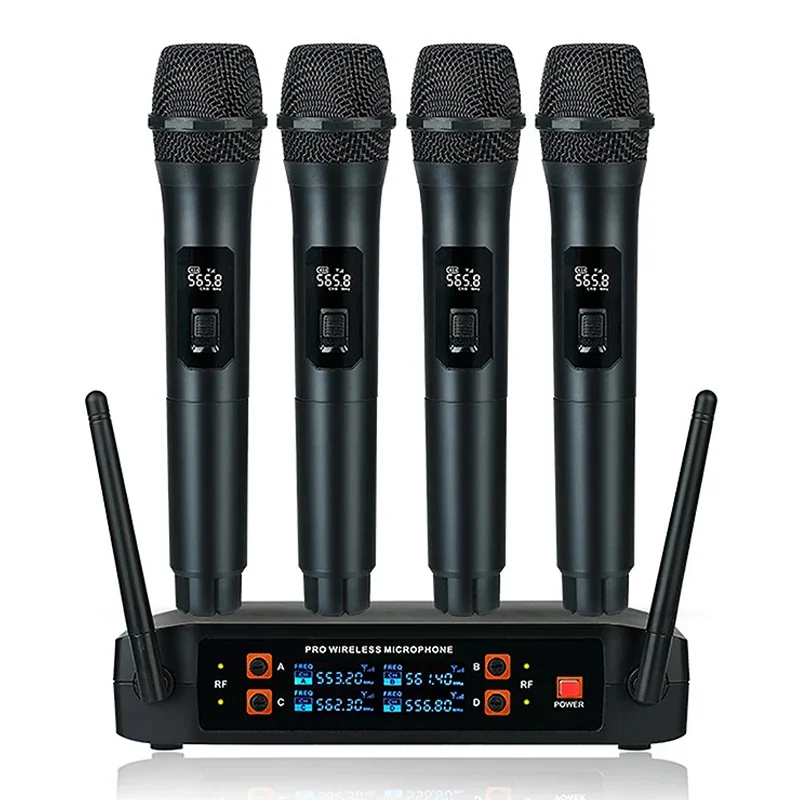 

Professional VHF Wireless Microphone System 4 Channel Handheld Karaoke Microphone for Home Party Church Event PA TV Speaker New