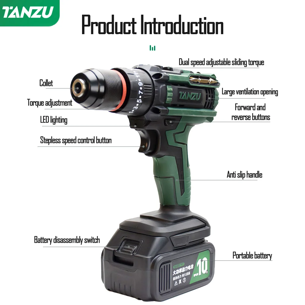 Tanzu-taladro eléctrico inalámbrico de 21V, destornillador de impacto con batería, juego de herramientas de mano para madera, hormigón y acero, 60Nm