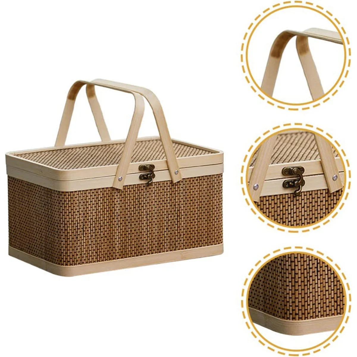 Bamboo Basket Natural -Friendly Woven Basket Bamboo Picnic Basket with Lid Handheld Snacks Bread Storage Basket