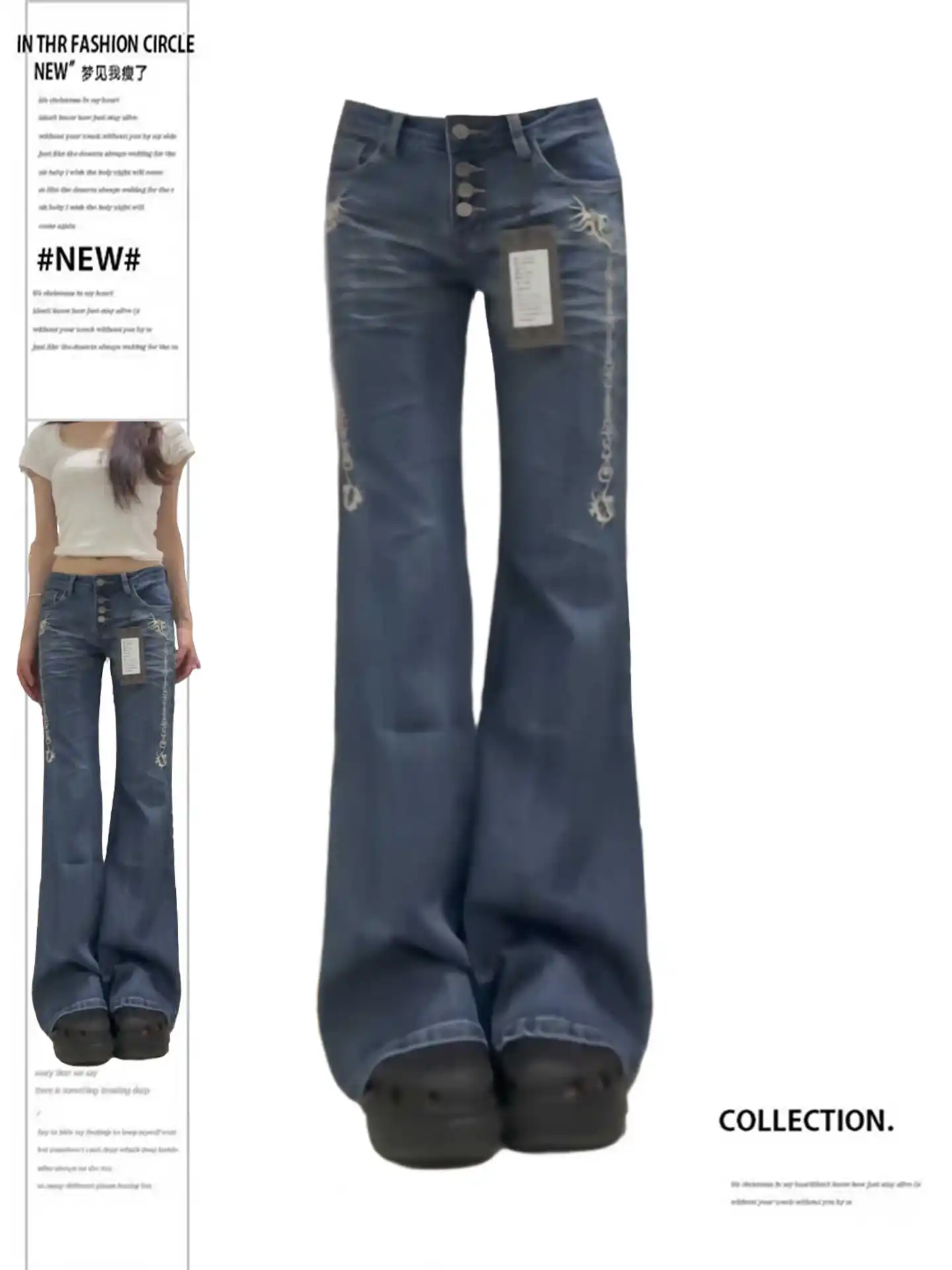 

Women's Low Rise Jeans Flared Denim Pants Embroidery American Retro Y2k High Street Korean Skinny Bell Bottom Jeans Harajuku