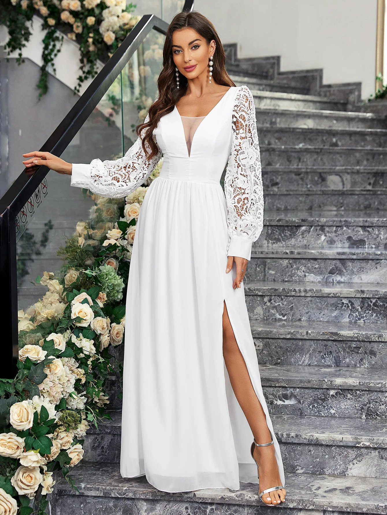 Bohemian Wedding Dress Women Vestidos Novias Boda Long Sleeves Lace Bride Dresses V Neck White Floor Length Evening Prom Gowns