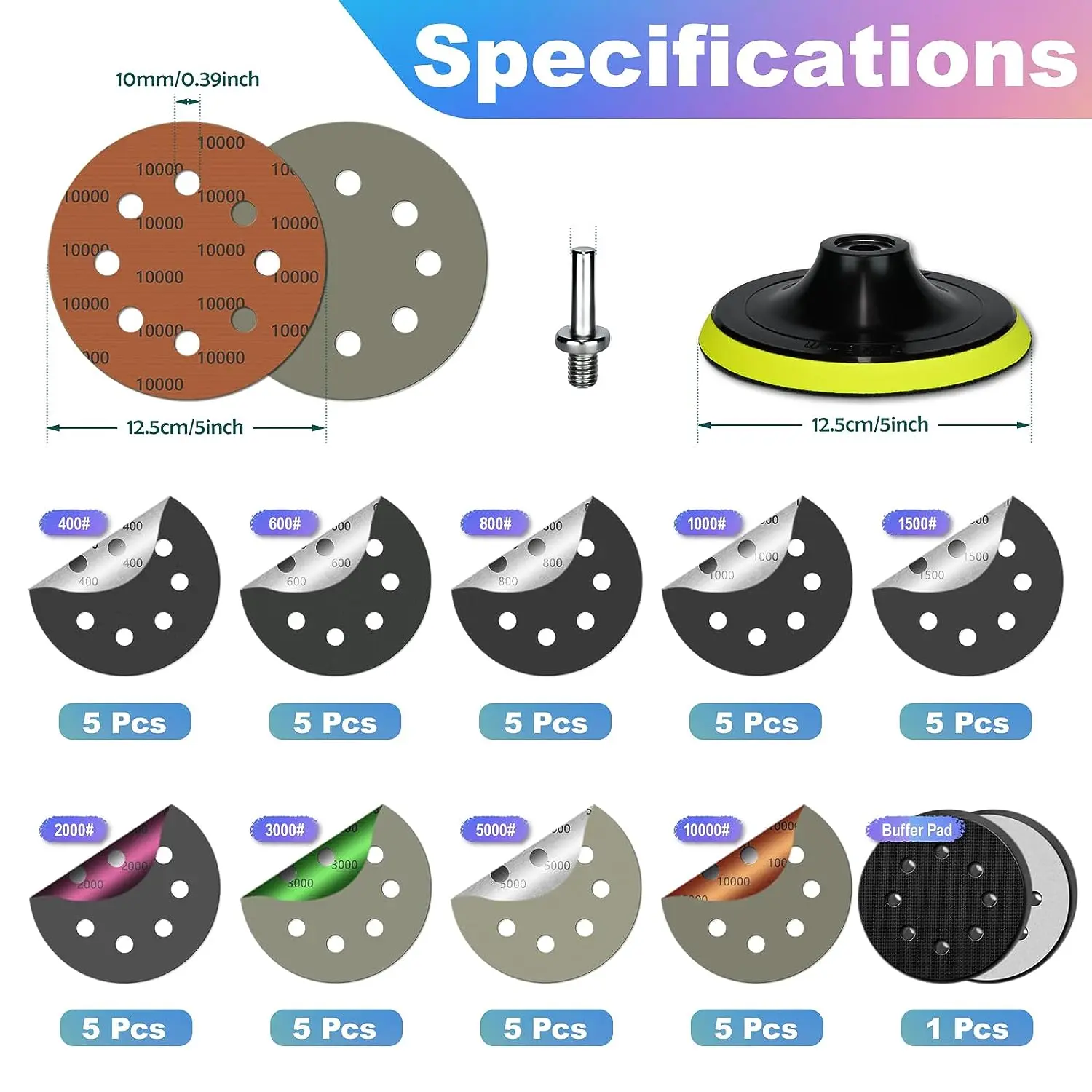 45PCS 5 Inch 8 Hole Wet Dry Sanding Discs Kit Hook and Loop Sandpaper with Backing Pad M10  for Orbital Sander Car Wood Metal