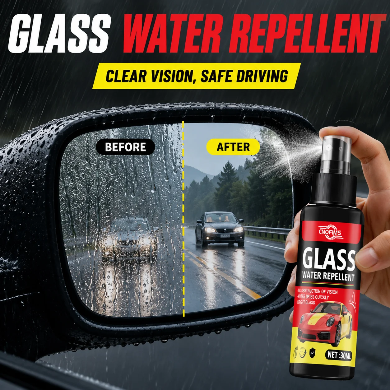 Nano Anti-Fog Glass Spray, Water Repellent Coating for Car Windows, Windshields and Rearview Mirrors