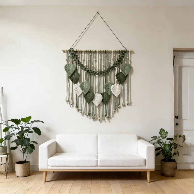 Nordic Bohemian hand-woven tapestry fringed feather leaves wall hanging wall decoration
