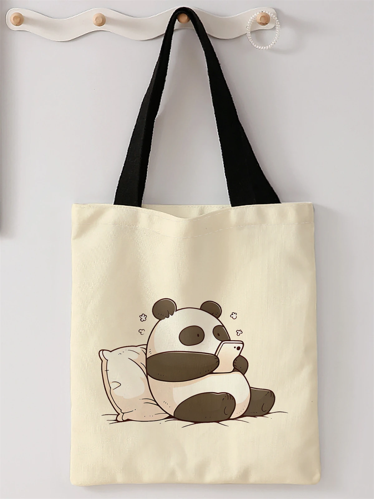 

Panda pattern printed casual handbag, reusable fashionable backpack, multifunctional handbag, canvas shopping bag