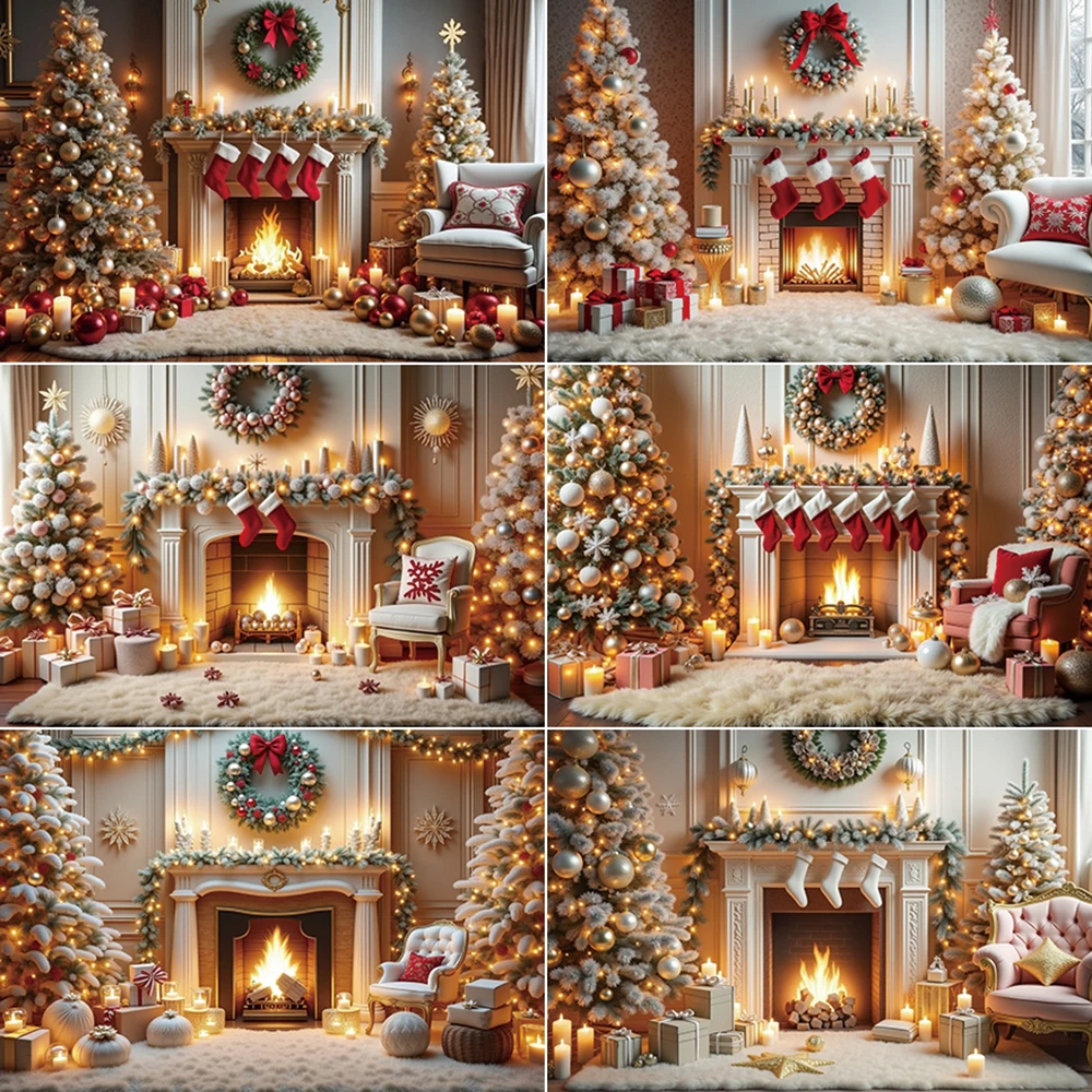 

MOON.QG Happy New Year Christmas Photocall Background Golden Fireplace Balls Tree Backdrop Children's Photography Shooting Props