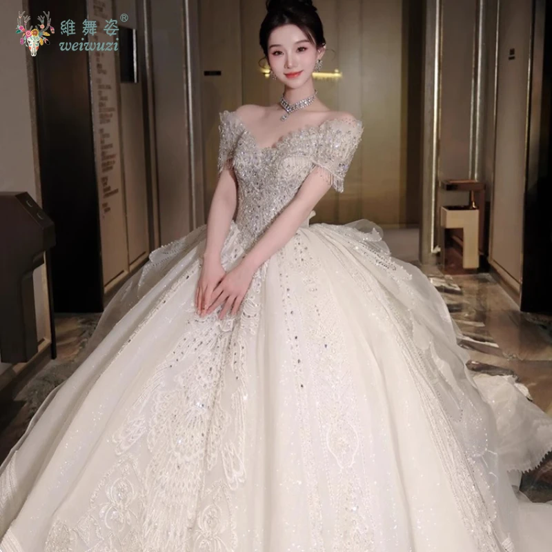 高級プリンセスドレス、ボールガウン、クリスタル、豪華なビーズ刺繍、2025年ラグジュアリーブライダルウェディング、オフショルダー、メインウェディングドレス