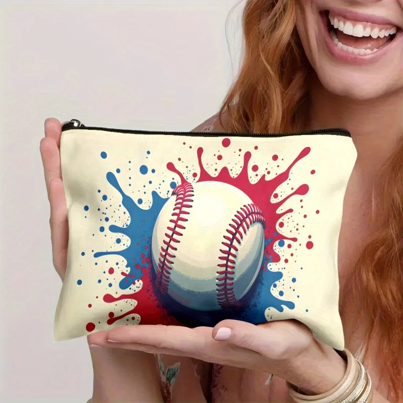 

A Baseball-shaped Makeup Bag With Red And Blue Paint Dot Pattern- Multifunctional Zipper Pouch, Jewelry Storage Bag