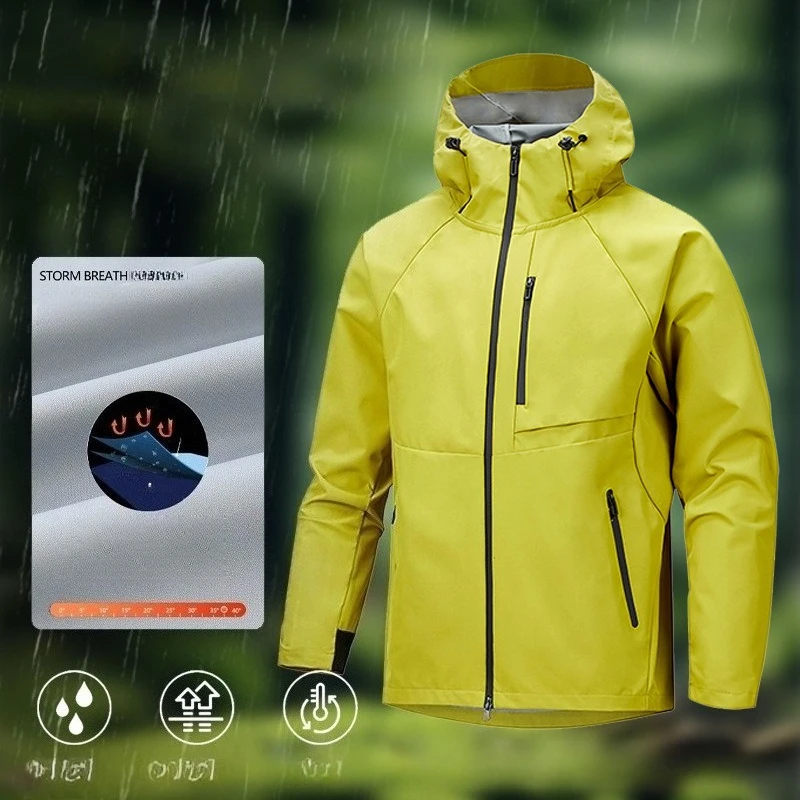 

Travel Men Hiking Jacket Outdoor Waterproof Fishing Hooded Sport Jacket Adjustable Drawstring Mountaineering Fishing Coat