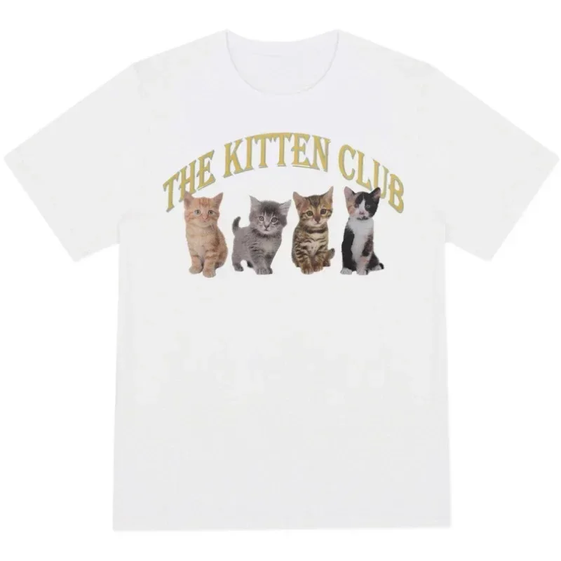 Cute Women T Shirt The Kitten Club Streetwear White Short Sleeve Kawaii Oversized T Shirt Grunge Tops Y2k Egirl Tee