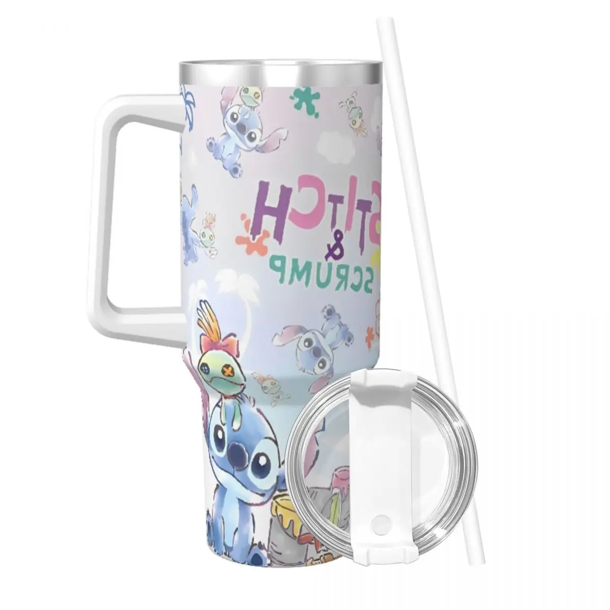 Stainless Steel Tumbler Disney Stitch Car Mugs With Straws Travel Cold Drink Water Bottle Heat Preservation 40oz Thermal Cups