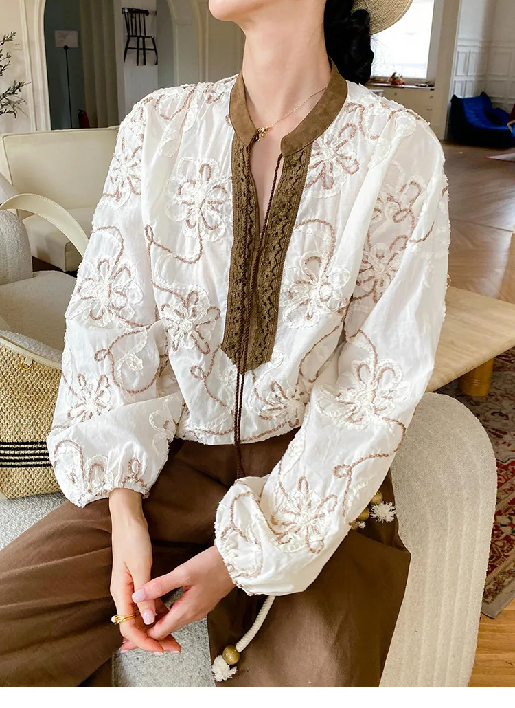 Französisch Chic Floral Stickerei Bluse Shirt Beige Frauen 100% Baumwolle Frühling Herbst Lose Lange Laterne Hülse Casual Damen Top Neue